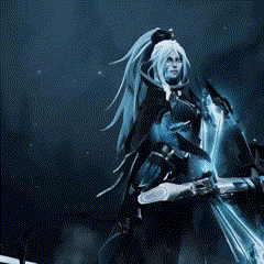 a woman with long white hair is holding a sword in her hands .