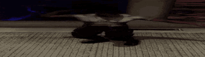 a man is squatting on the floor with his arms outstretched in a dark room .
