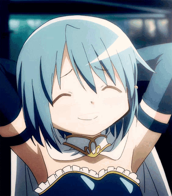 a girl with blue hair is smiling with her arms behind her head