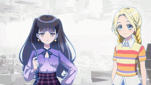 two anime girls standing next to each other with one wearing a plaid skirt