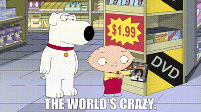 a cartoon of a dog and a boy standing in front of a dvd shelf that says $ 1.99