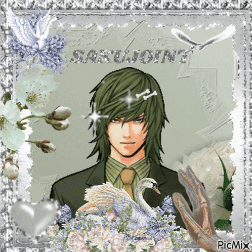 a picture of a man in a suit and tie with a swan and the words " sasujoin " written on it