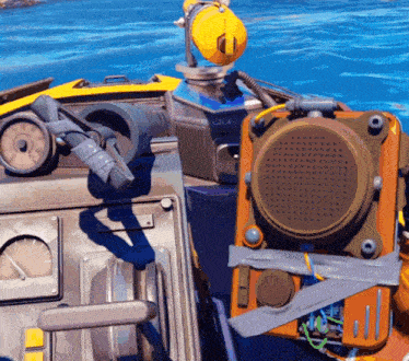 a cartoon illustration of a boat with a steering wheel and a speaker