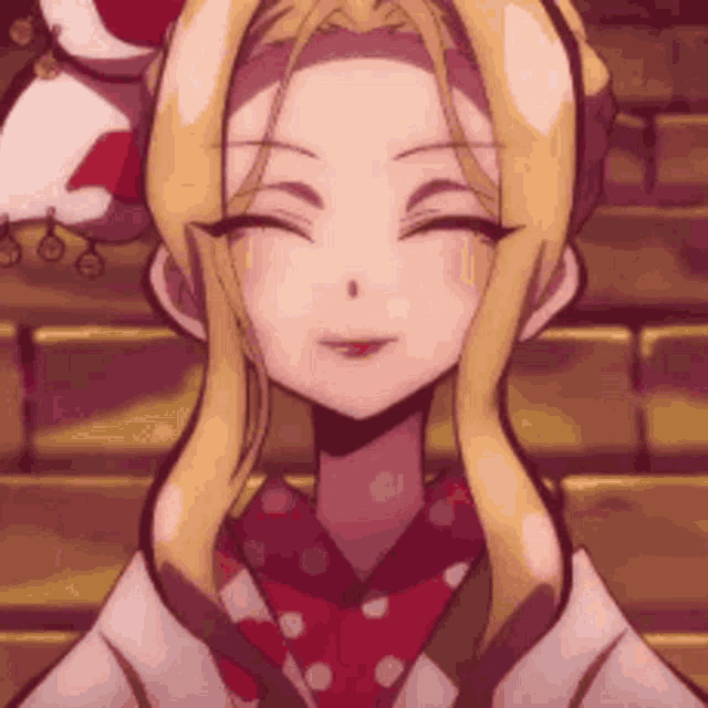 a close up of a blonde anime girl with her eyes closed and a kimono on .