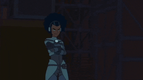 a cartoon character is standing with her arms crossed in front of a building
