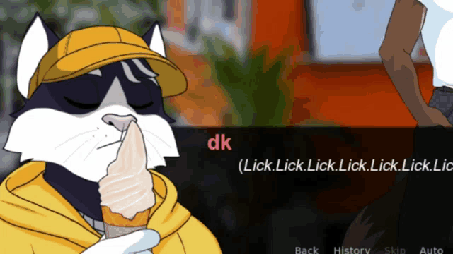 a black and white cat is eating an ice cream cone with the word dk on the bottom right