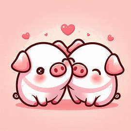 two pigs are sitting next to each other and making a heart with their noses .