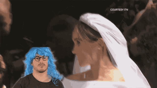 a man in a blue wig is standing next to a bride