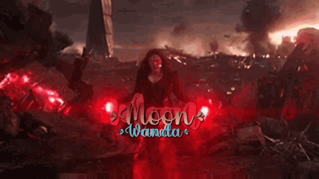 scarlet witch from avengers : age of ultron is standing in the middle of a destroyed city holding red lights .
