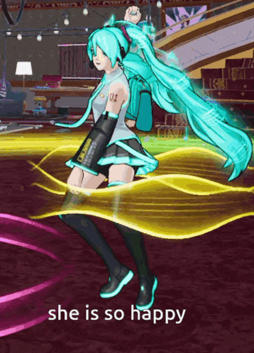 a cartoon of hatsune miku dancing with the words she is so happy above her