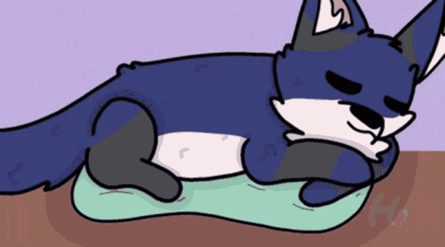 a cartoon of a fox laying on a pillow with the letters hb on the bottom right