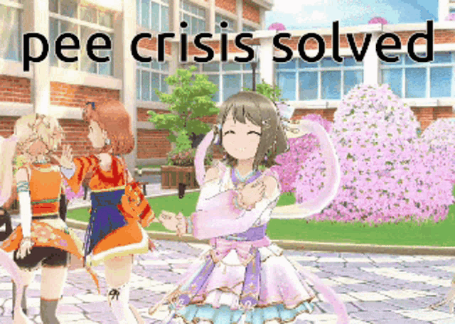 a group of anime girls standing in front of a building with the words pee crisis solved above them