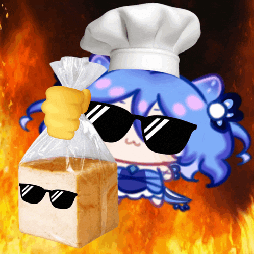 a cartoon character wearing sunglasses and a chef 's hat holds a bag of bread