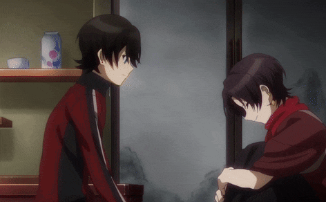 two anime characters looking at each other with a vase on the shelf in the background