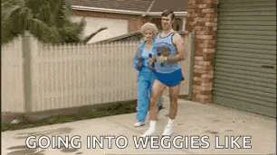 a man and a woman are jogging down a sidewalk with the caption going into weggies like