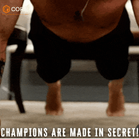 a man doing push ups with the words " champions are made in secret " below him