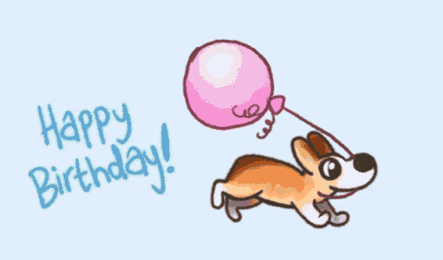 a birthday card with a dog holding a pink balloon that says happy birthday