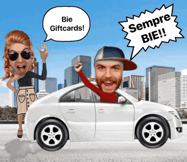 a man and a woman are standing next to a car that says sempre bie