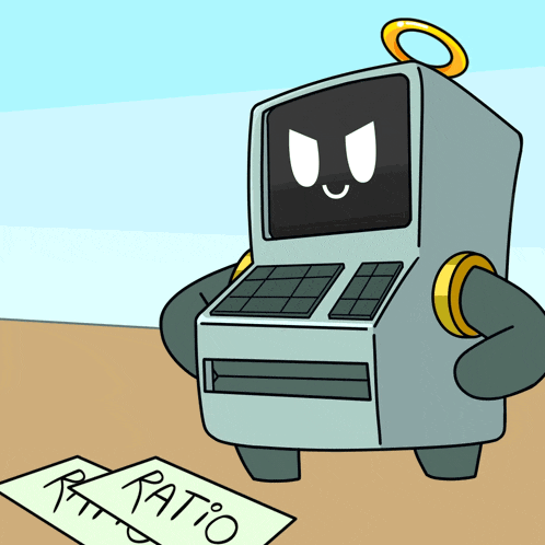 a cartoon robot is standing next to a piece of paper with the word ratio written on it