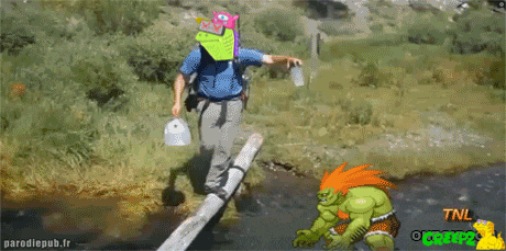 a cartoon of a man walking across a bridge with a tnl logo on the bottom