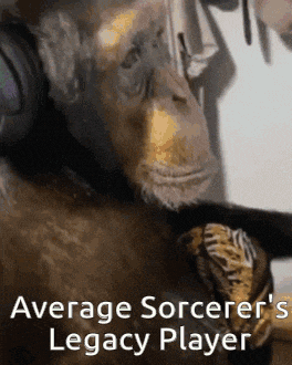 a monkey wearing headphones with the words average sorcerer 's legacy player written below it
