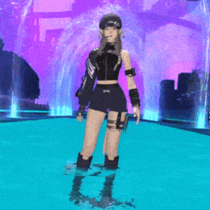 a woman in a crop top and shorts is dancing in front of a purple background