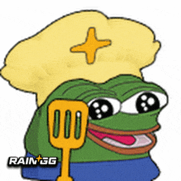 a green frog wearing a chef hat and holding a spatula