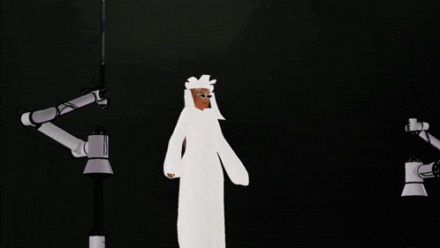 a cartoon drawing of a woman in a white dress surrounded by arms