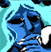 a pixel art drawing of a blue cat wearing sunglasses