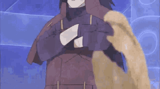 a cartoon character is standing next to a pile of sand and a blue background .