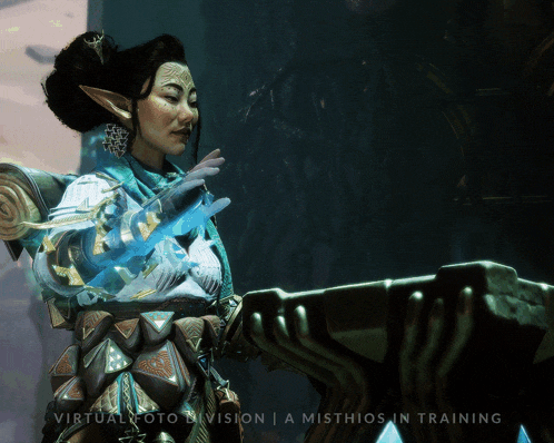 a woman in a video game with the words virtual oto vision a misthios in training on the bottom