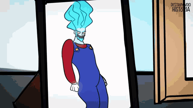 a cartoon drawing of a man with blue hair and red overalls with the words " destruyendo historia " on the bottom
