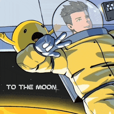 a cartoon of a man in a space suit with the words " to the moon " written below him