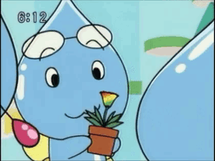 a cartoon character with glasses is holding a potted plant in his mouth .