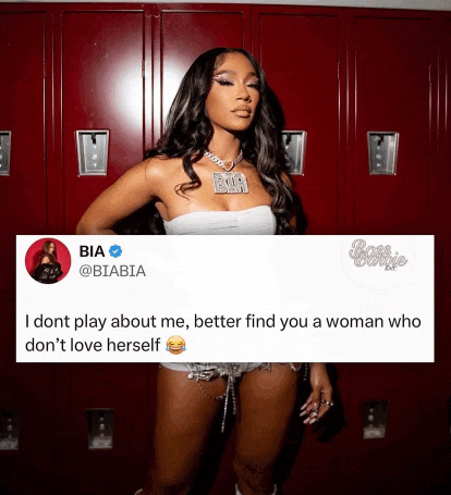 a woman stands in front of a row of red lockers and a tweet from bia