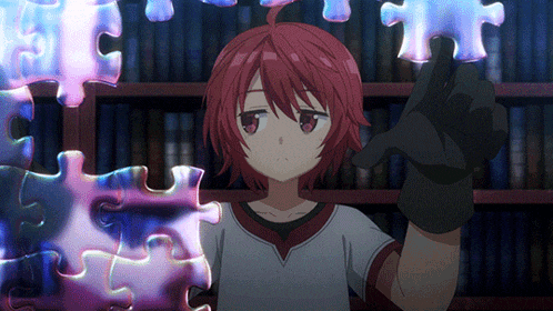 a girl with red hair is holding a piece of puzzle