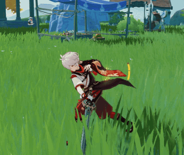 a character in a video game is running through a field