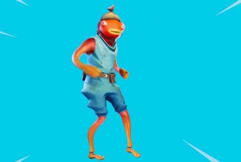 a cartoon character with a fish head is standing on a blue background .