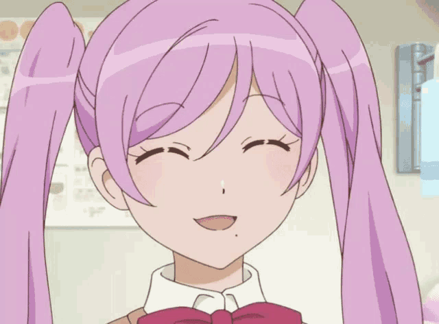 a close up of a girl with pink hair and a bow tie