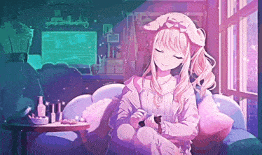 a girl is sitting on a couch with her eyes closed in front of a computer screen