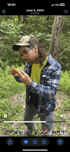 a man in a plaid shirt is looking at something in the woods on june 3 2024