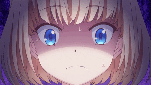 a close up of a girl 's face with blue eyes and a purple background