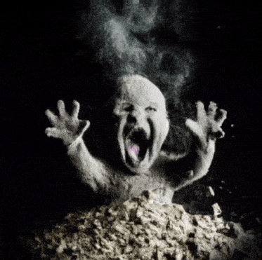 a black and white photo of a screaming baby with its mouth open