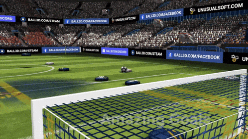 a soccer game is being played in a stadium with advertisements for ball30.com/facebook and unusualsoft.com