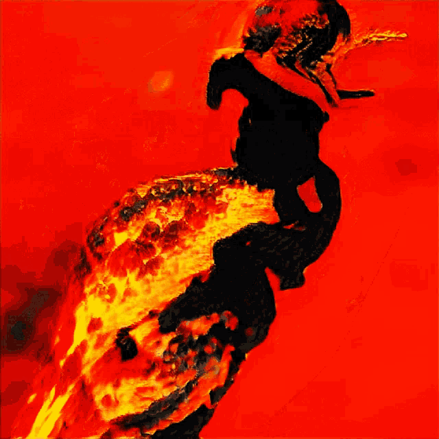 a painting of a flaming chicken with a red background