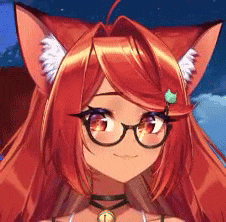 a close up of a red haired anime girl wearing glasses and cat ears .
