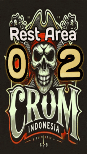 a poster with a pirate skull and the words rest area 002 crom indonesia