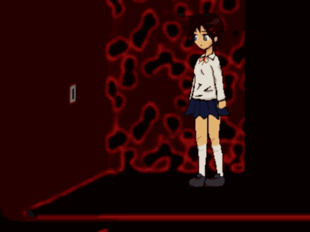 a cartoon of a girl with blood coming out of her mouth holding a saw