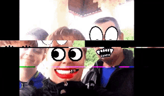 a group of people are posing for a picture with a cartoon face on their faces