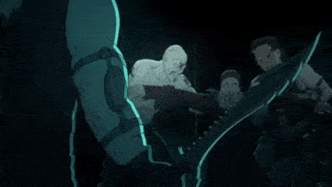 a group of zombies are standing around a man holding a sword